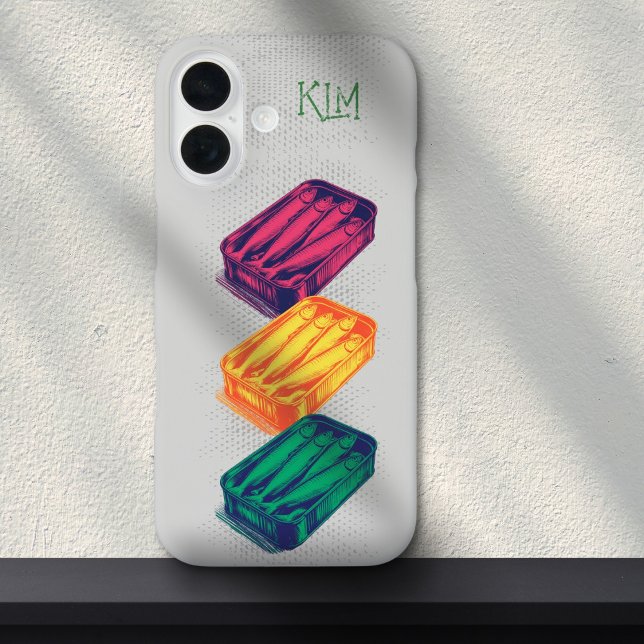 Funda iPhone 16 Gris Pop Art Sardina Art Grunge Dibujo Monograma (Subido por el creador)