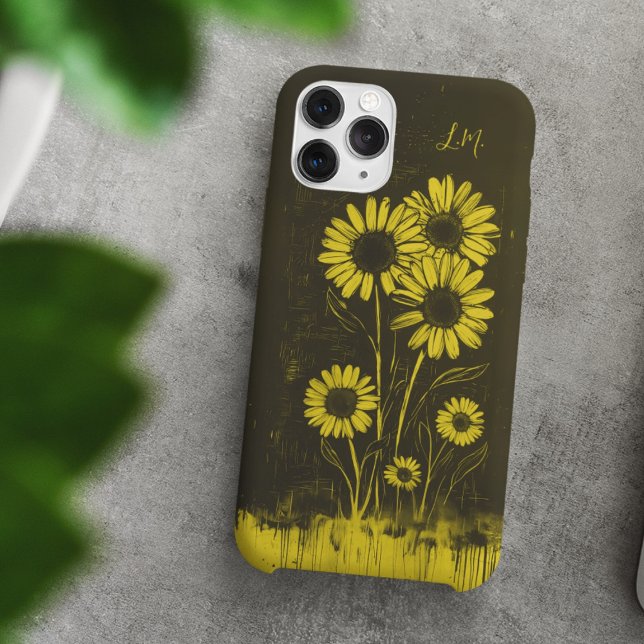 Funda iPhone 16 Grunge Daisy Yellow Brown Monograma Nombre persona (Subido por el creador)