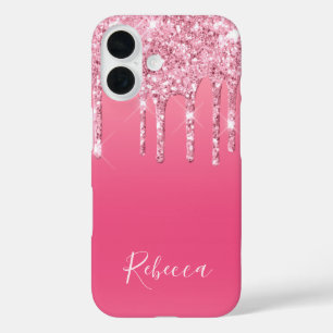 Funda iPhone 16 Guión de nombre personalizado Purpurina rosado