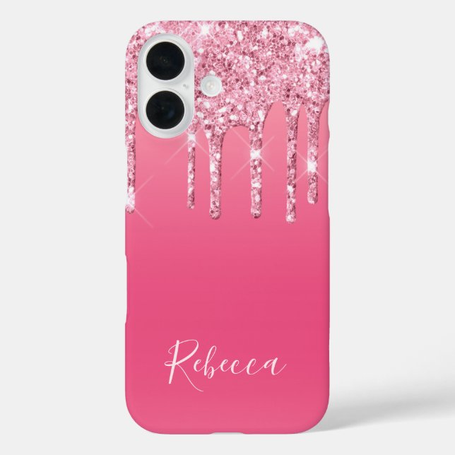 Funda iPhone 16 Guión de nombre personalizado Purpurina rosado (Reverso )