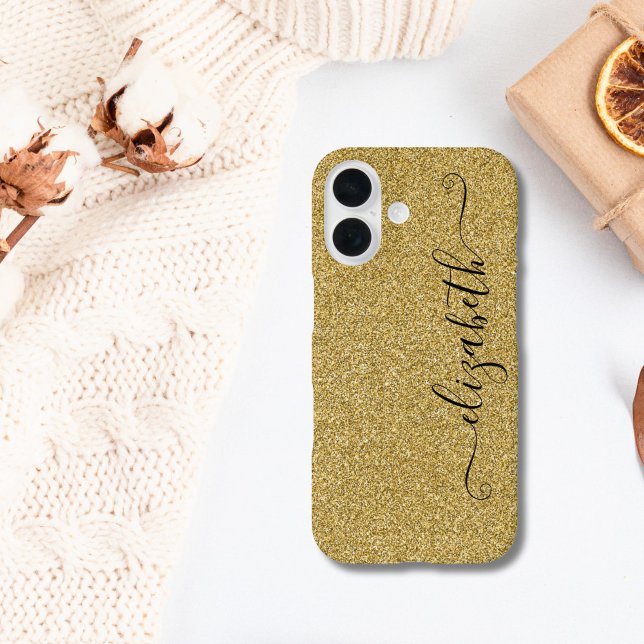 Funda iPhone 16 Guión elegante personalizado con brillo dorado (Gold Glitter iPhone 16 15 14 13 12 case. Monogram it with your name. Script Calligraphy monogram)