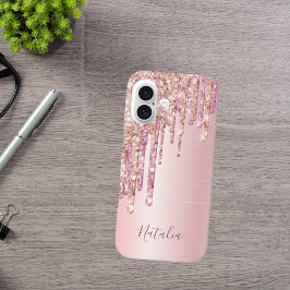 Funda iPhone 16 Guión monograma de nombre metálico de color rosa r