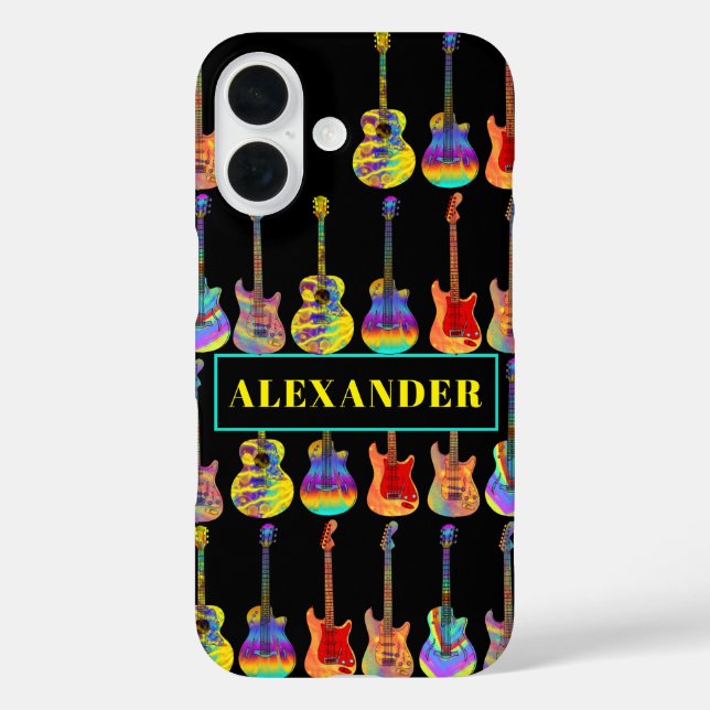 Funda iPhone 16 Guitars coloridos y personalizados sobre negro (Reverso )