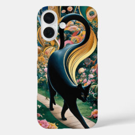 Funda iPhone 16 Gustav Klimt Gato negro en un jardín de flores, ar
