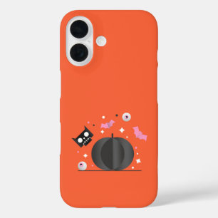 Funda iPhone 16 Halloween de calabaza negra y gato lindo