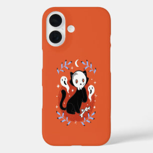 Funda iPhone 16 Halloween del gato negro de la máscara de cráneo