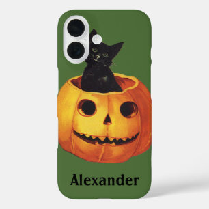 Funda iPhone 16 Halloween vintage, adorable gato negro en una cala