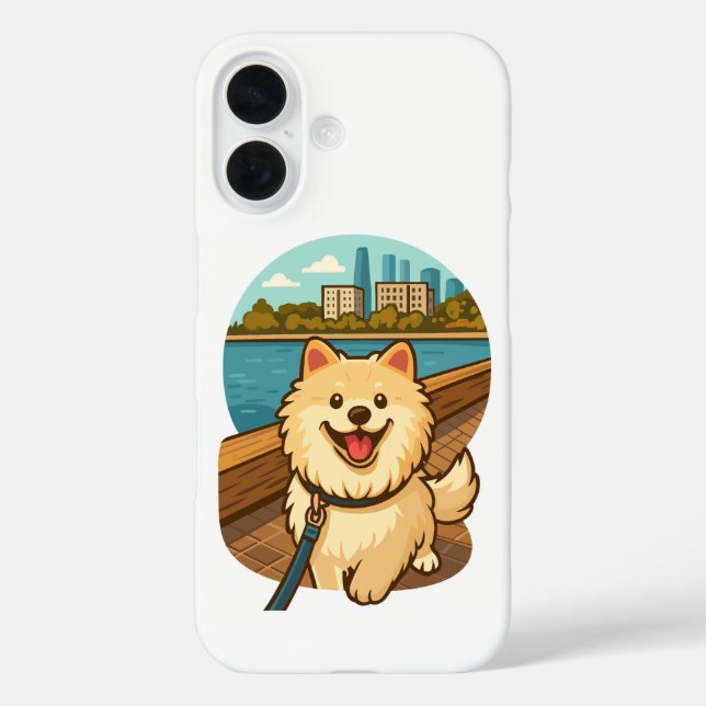 Funda iPhone 16 Happy Samoyed Walk by the City Waterfront (Reverso )