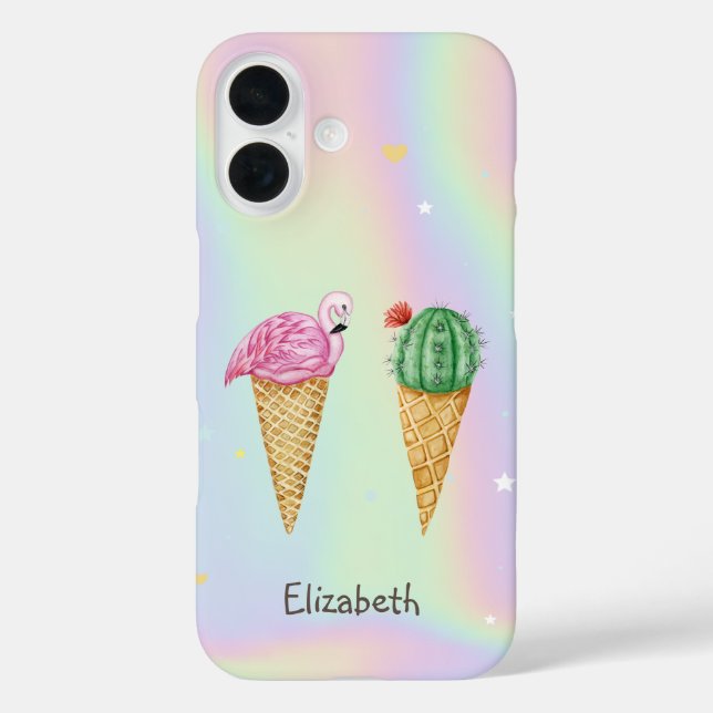 Funda iPhone 16 Helado Flamingos rosados Cactus Holographic (Reverso )