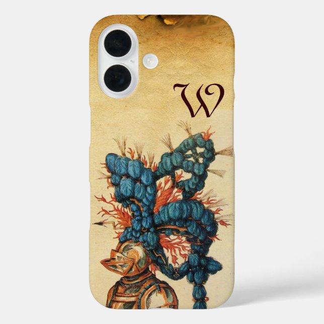 FUNDA iPhone 16 HELMET ANTIGUO KNIGHT CON PIES AZULES ROJOS (Reverso )