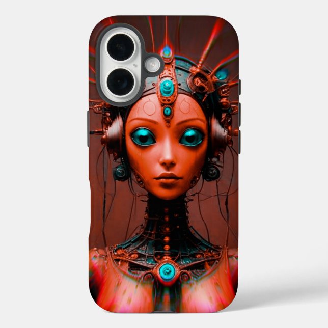 Funda iPhone 16 Hermosa robot hembra en rojo (Reverso )
