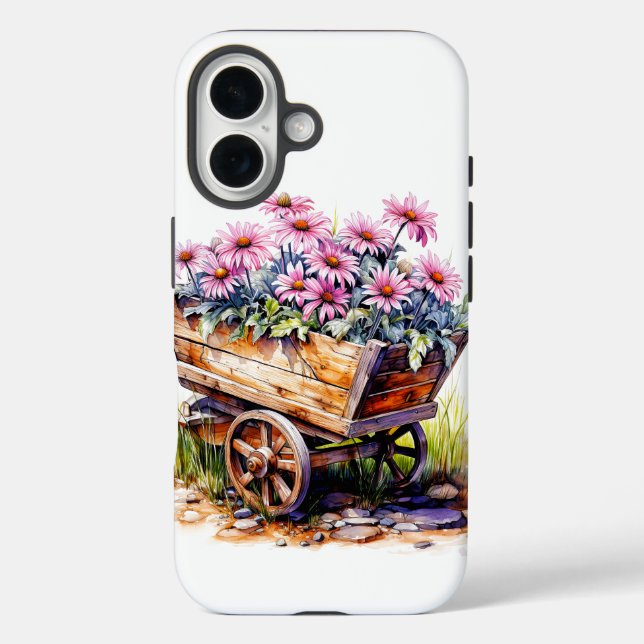 Funda iPhone 16 Hermosas Flores De Aster En Un Barril De Ruedas (Reverso )