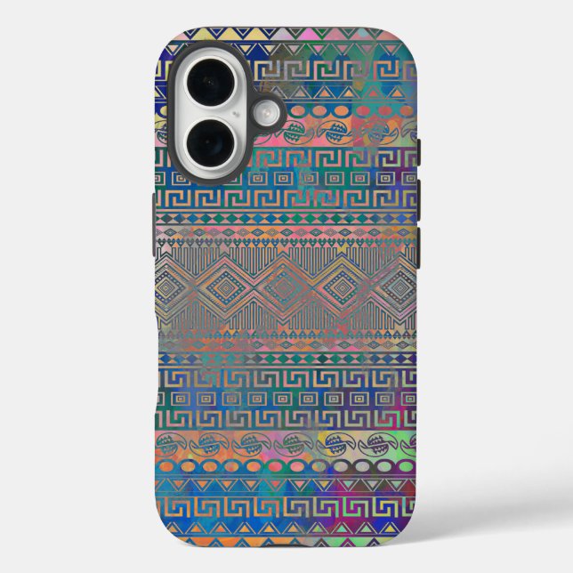 Funda iPhone 16 Hermoso patrón geométrico azteca colorido (Reverso )