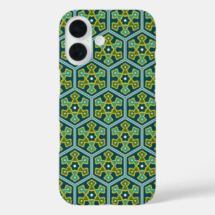 Funda iPhone 16 Hexágono turco otomano verde amarillo azul vintage