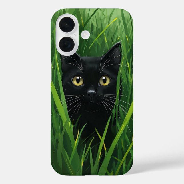 Funda iPhone 16 Hidden Gaze: Black Cat in the Grass (Reverso )