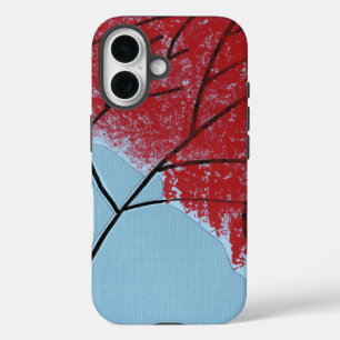 Funda iPhone 16 Hojas de árbol rojas abstractas sobre azul