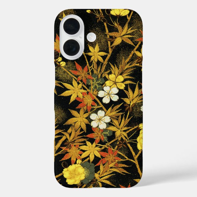 Funda iPhone 16 Hojas japonesas de otoño Antiguo Botánico (Reverso )