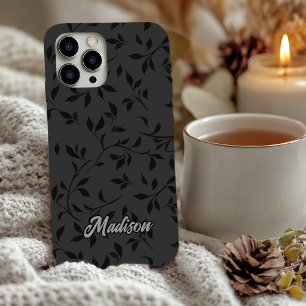 Funda iPhone 16 Hojas negras elegantes monograma gris