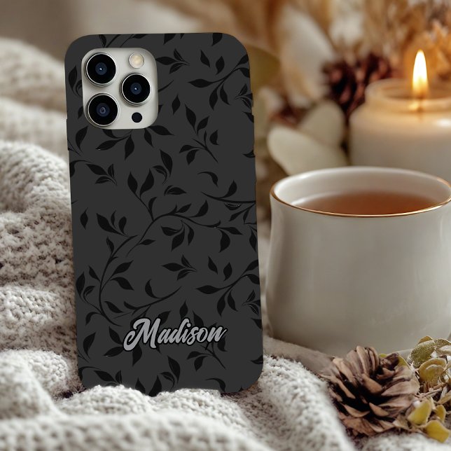 Funda iPhone 16 Hojas negras elegantes monograma gris  (Subido por el creador)