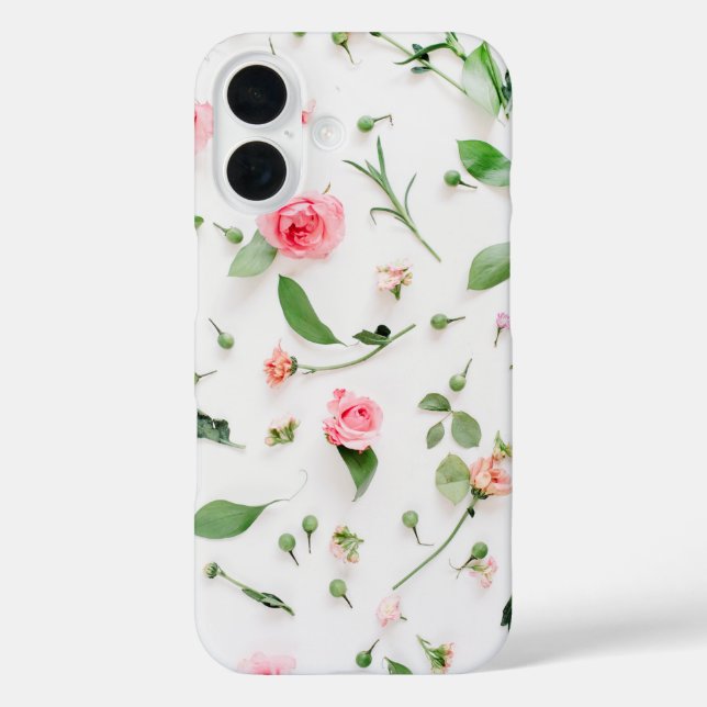 Funda iPhone 16 hojas y pétalos rosas y verdes (Reverso )