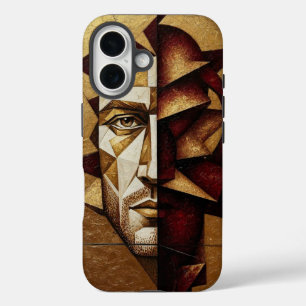 Funda iPhone 16 Hombre Cubista de Oro Borgoña - Abstracto Texturiz