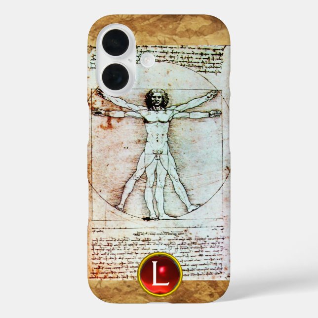 Funda iPhone 16 HOMBRE VITRUVIANO, Monograma Ruby Rojo, Marrón (Reverso )