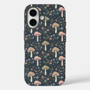 Funda iPhone 16 Hongos Azules Profundos de Pizarra Patrón Continuo