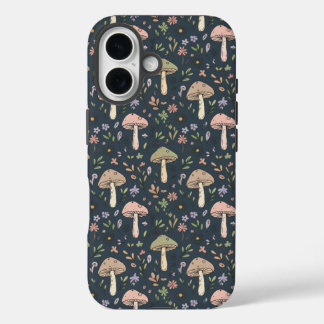 Funda iPhone 16 Hongos Azules Profundos de Pizarra Patrón Continuo