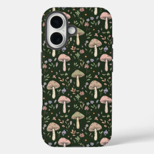 Funda iPhone 16 Hongos Verdes Oliva Terrosos Patrón Continuo Boho