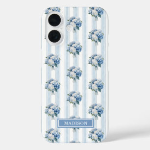 Funda iPhone 16 Hortensias Azules sobre Rayas