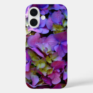 Funda iPhone 16 Hortensias flores elegantes magenta púrpura amaril