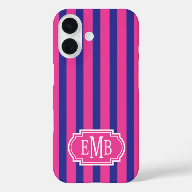 Funda iPhone 16 Hot Pink and Navy Blue Monogrammed Stripes (Reverso )