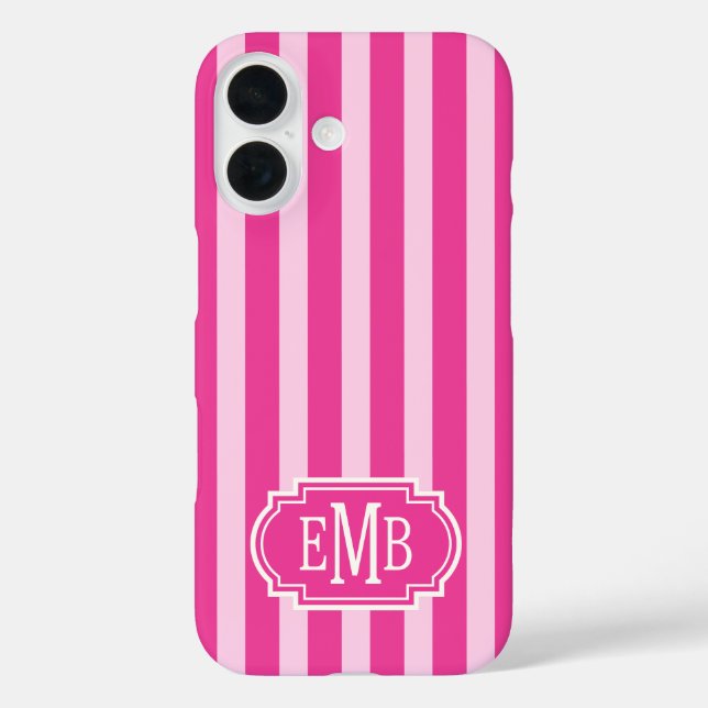 Funda iPhone 16 Hot Pink and Pink Monogrammed Stripes (Reverso )