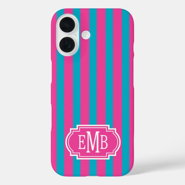 Funda iPhone 16 Hot Pink and Turquoise Monogrammed Stripes (Reverso )