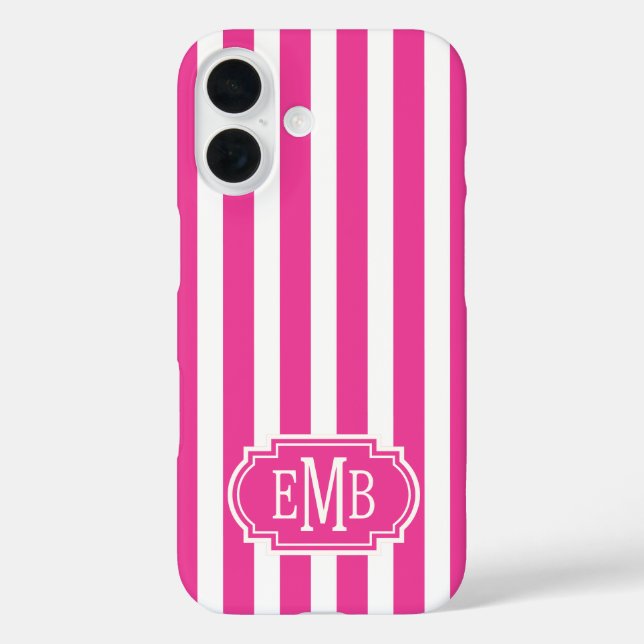 Funda iPhone 16 Hot Pink and White Monogrammed Stripes (Reverso )