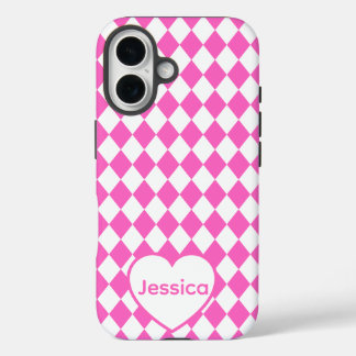 Funda iPhone 16 Hot Pink Harlequin Pattern Personalized Name