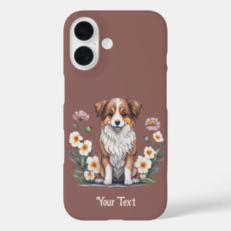 Funda iPhone 16 Hübscher Collie umringt von Blumen -