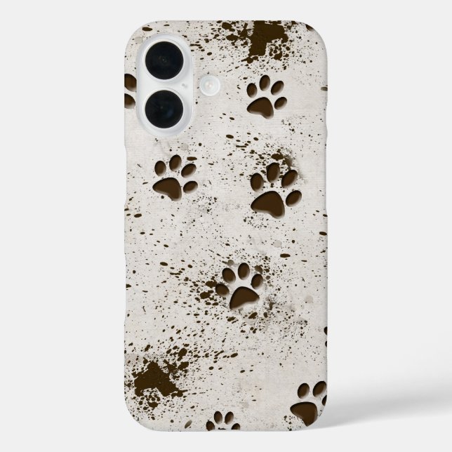 Funda iPhone 16 Huellas de patas de perro embarradas (Reverso )