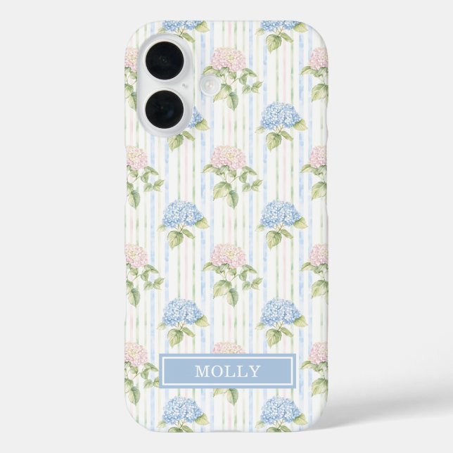 Funda iPhone 16 Hydrangea Azul Aquarela Personalizada con Rayas (Reverso )