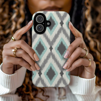 Funda iPhone 16 Ikat Chevron, tribal gris y mita