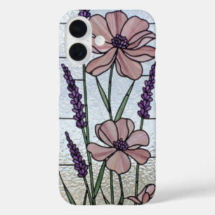 Funda iPhone 16 Ilusión de vidrio manchado de flores rosadas