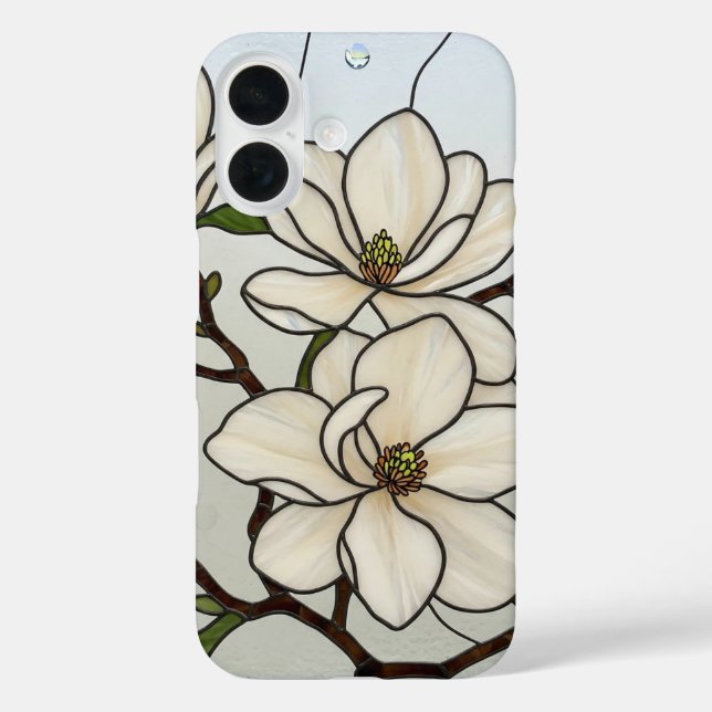 Funda iPhone 16 Ilusión de vidrio manchado de magnolias blancas (Reverso )