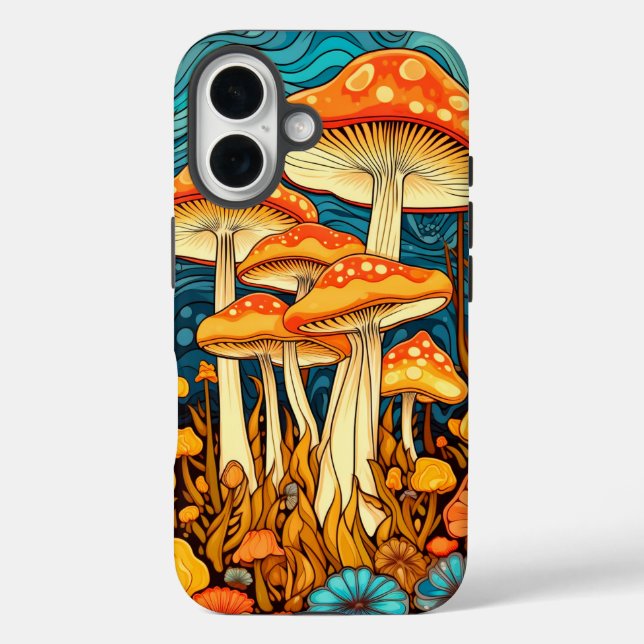 Funda iPhone 16 Ilustración Artística Retro de Bosque de Hongos (Reverso )