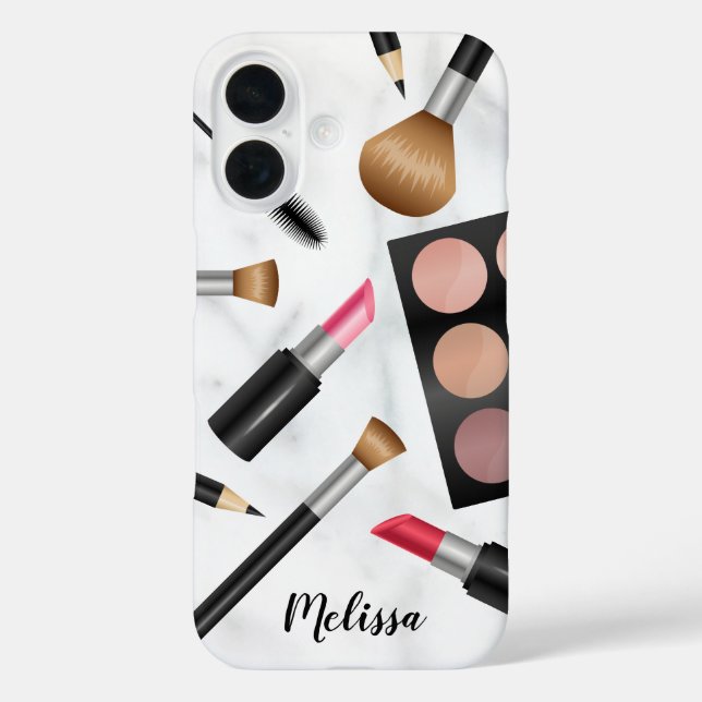 Funda iPhone 16 Ilustracion de elementos de maquillaje con nombre  (Reverso )