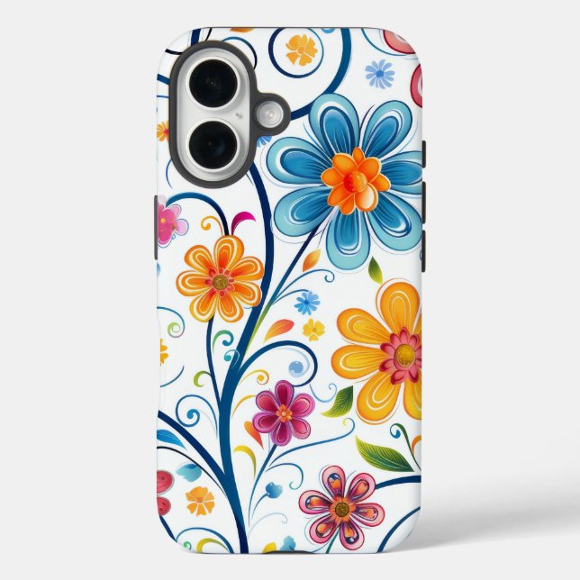 Funda iPhone 16 Ilustracion de flores amarillas, rosadas y azul ma (Reverso )