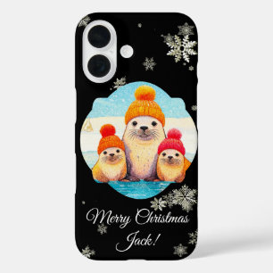 Funda iPhone 16 Ilustración de Navidad de focas lindas con sombrer