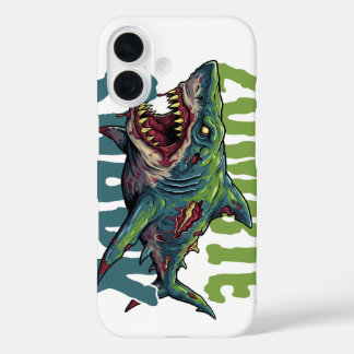 Funda iPhone 16 Ilustracion de tiburón Zombie con miedo enojado