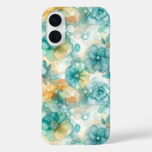 Funda iPhone 16 Ilustracion de tinta de alcohol de flores verde az