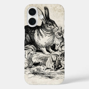 Funda iPhone 16 Ilustracion familiar de conejo vintage, conejitos