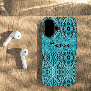 Funda iPhone 16 impresión animal de moda en azul - plumas y purpur